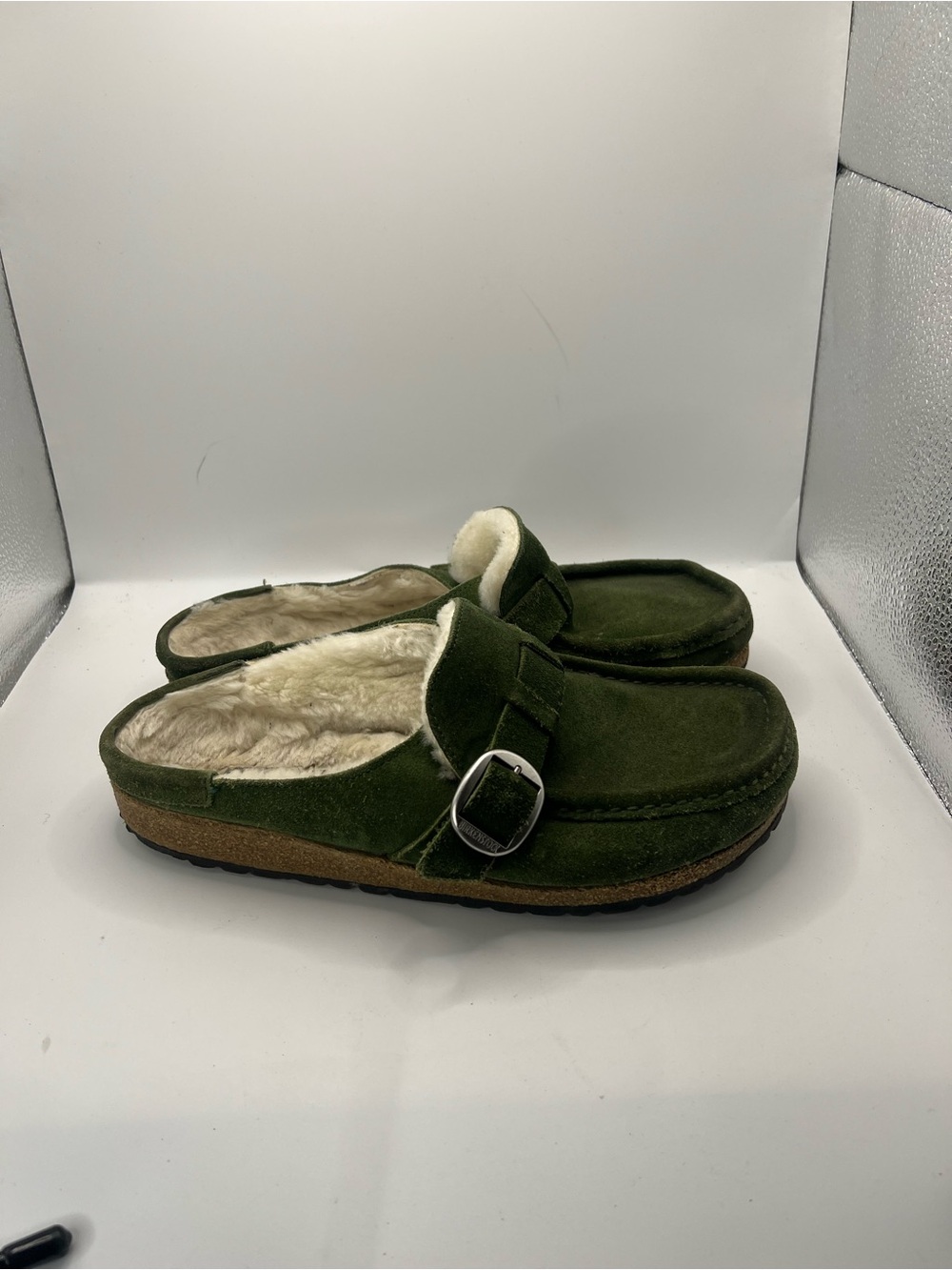 Birkenstock Olive Green Suede Shearling Clogs with Buckle - Picture 3 of 13
